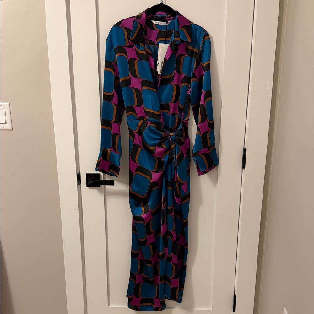 Zara Blue and Pink Geometric Long Sleeve Dress